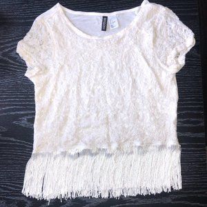 H&M White/Cream Lace Floral Fringe Crop Top Small